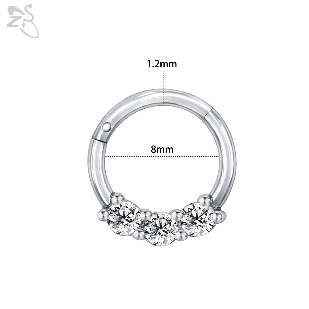ZS 1 Piece 316L Stainless Steel Nose Ring 16G Zirconia Septum Clicker Rock Ear Helix Septum Piercing Rings Piercing Jewelry 8mm