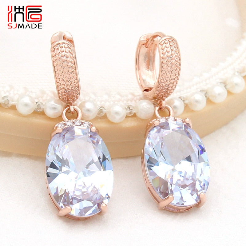 SHENJIANG New Fashion Oval Large Pink Opal Dangle Earrings For Women Wedding Jewelry 585 Rose Gold Color Zirconia Eardrop