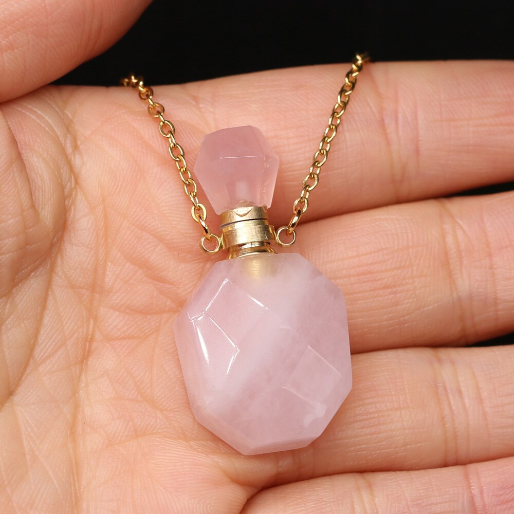 Natural Stone Perfume Bottle Necklace Pink Quartz Pendant Charms For Elegant Women Love Romantic Gift 60 CM