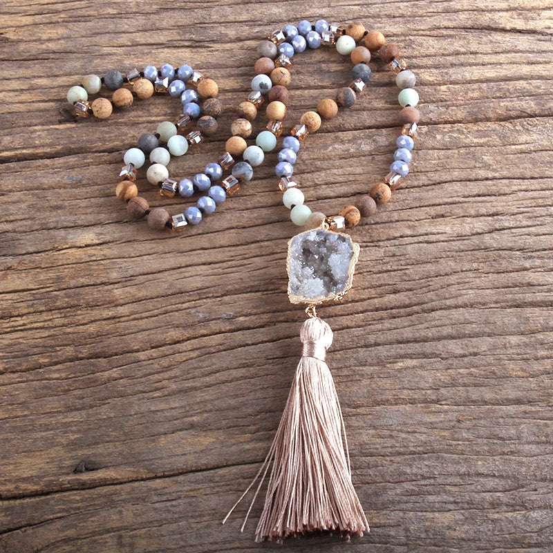 Knotted Natural Stone Long Tassel Necklace Jewelry