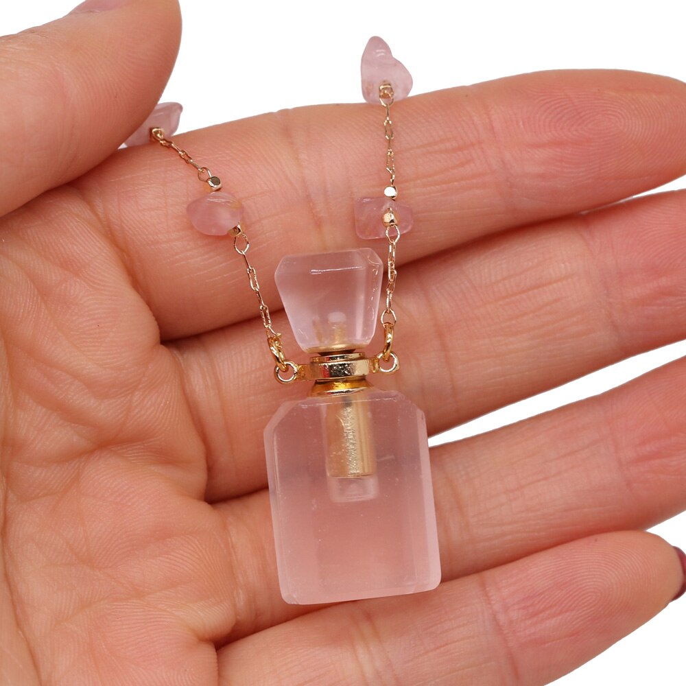 Natural Stone Perfume Bottle Necklace Pink Quartz Pendant Charms For Elegant Women Love Romantic Gift 60 CM
