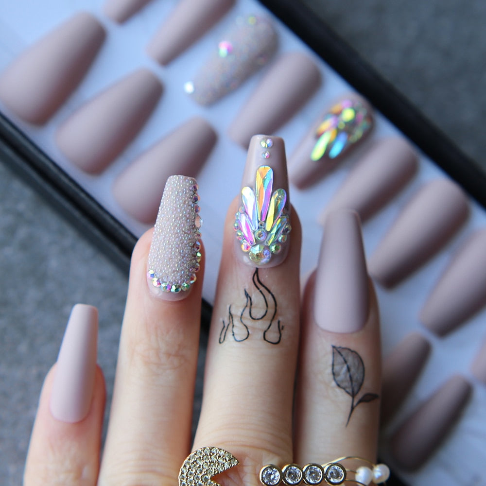 pink coffin crystal bling false nails Acrylic nails ballet caviar Design nails Custom logo with Adhesive tabs sticker