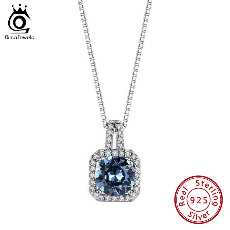 ORSA JEWELS Blue Crystal Necklace for Women 925 Silver Pendant Necklace Female Exquisite Romantic Fine Jewelry Necklace SWN01
