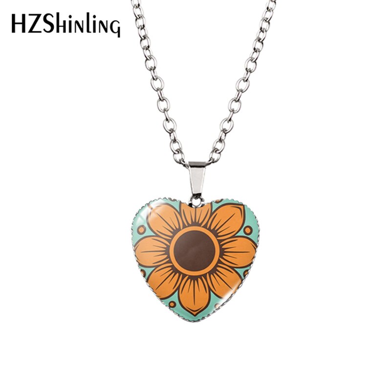 Sunflower Heart Necklace Yellow Sunflower Pendant Glass Picture Jewelry Fashion Heart Necklace HZ3