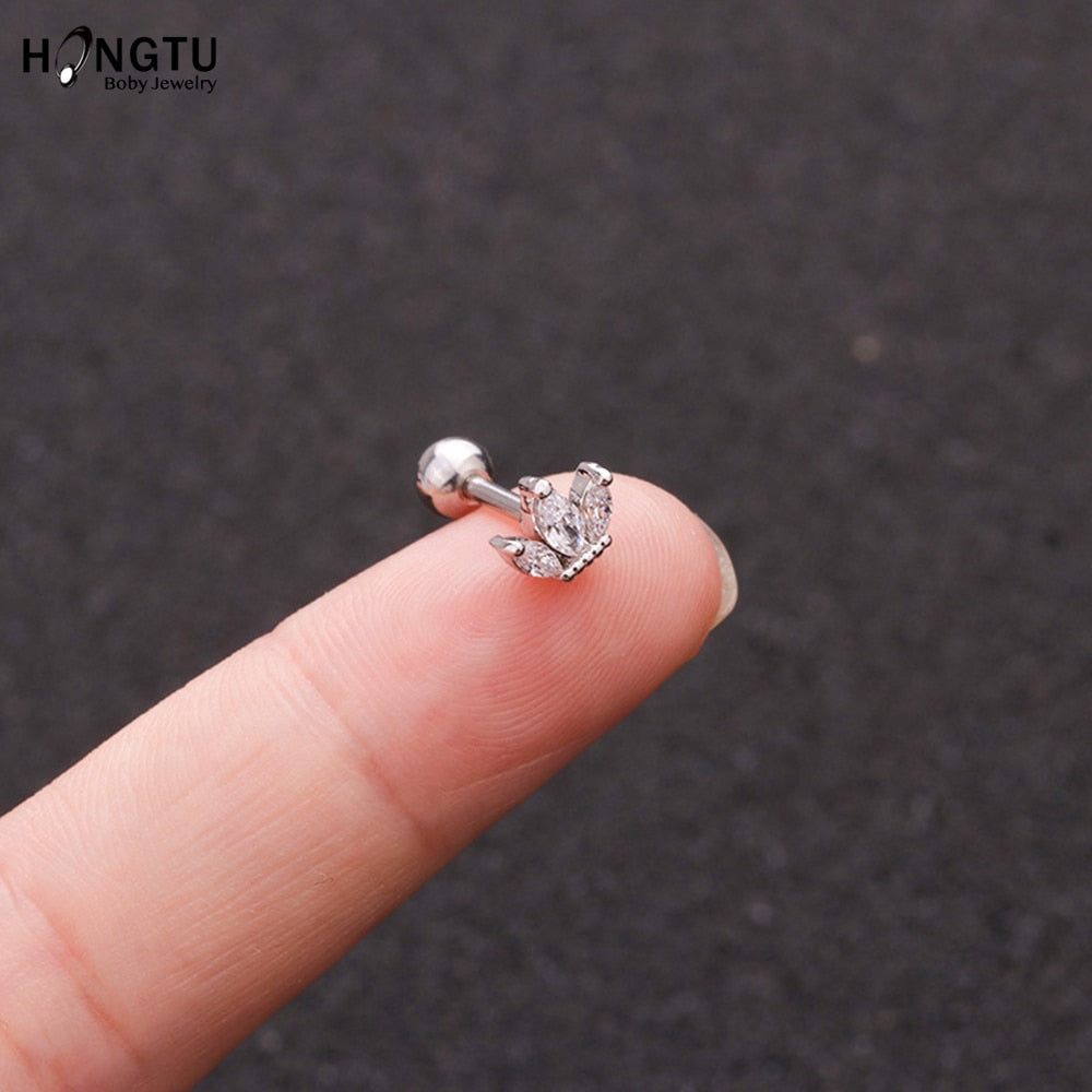 HONGTU 1PC Copper Flower Heart Moon Zircon Tragus Ear Piercing Surgical Steel Shaft Bar Daith Earrings Helix Cartilage Studs 16g