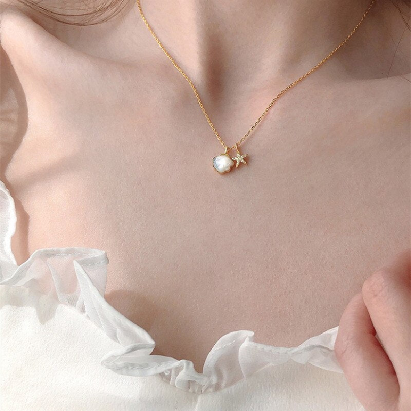QMCOCO Silver Color Creative Trendy Design Shell Starfish Pendant Necklace For Women Collarbone Chain Biarthday Party Gifts