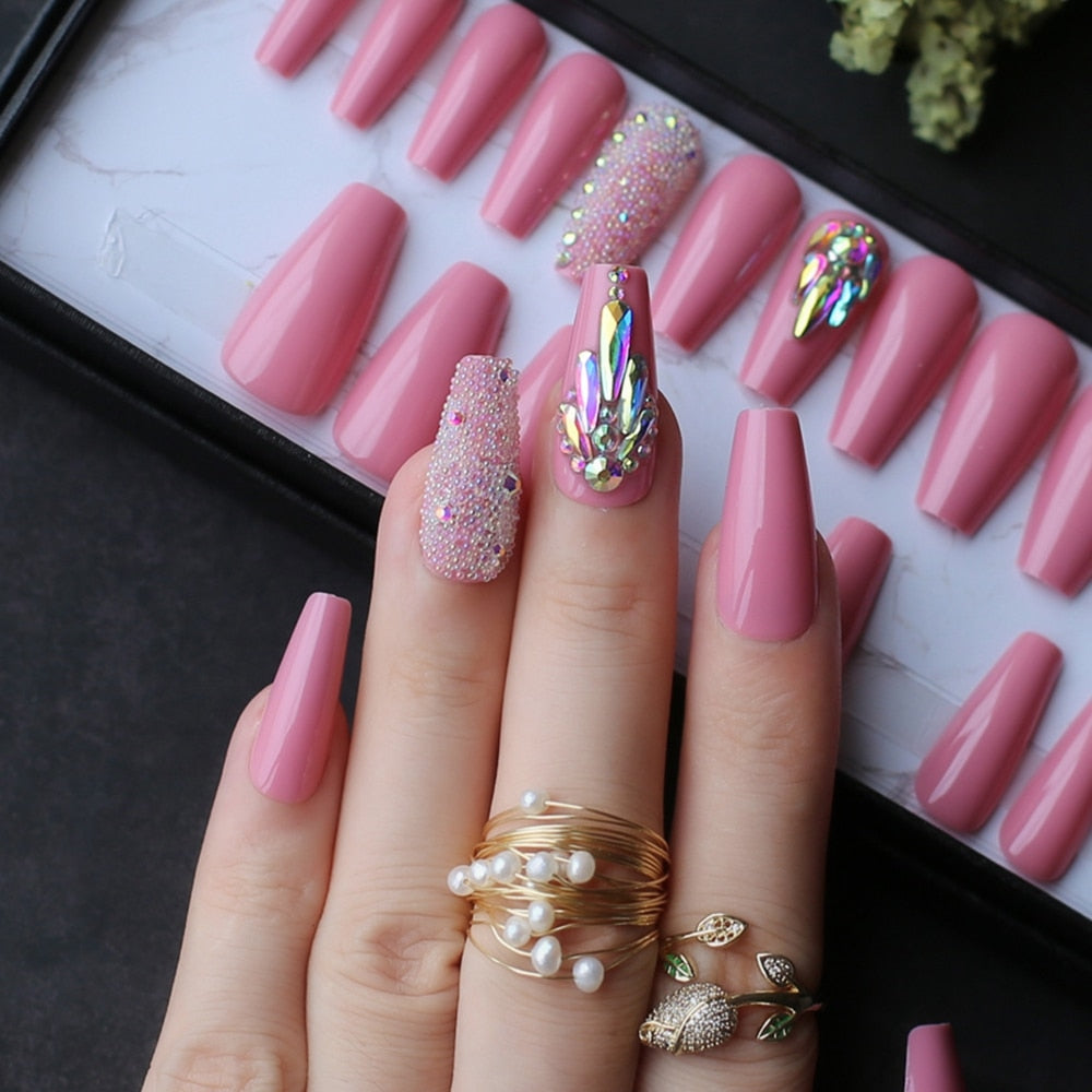 pink coffin crystal bling false nails Acrylic nails ballet caviar Design nails Custom logo with Adhesive tabs sticker