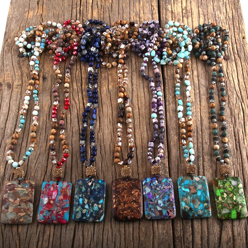 Fashion Bohemian Jewelry Random Shape Natural Stones Crystal Knotte With Semi Precious Pendant Necklaces For Boho Necklace - Charlie Dolly