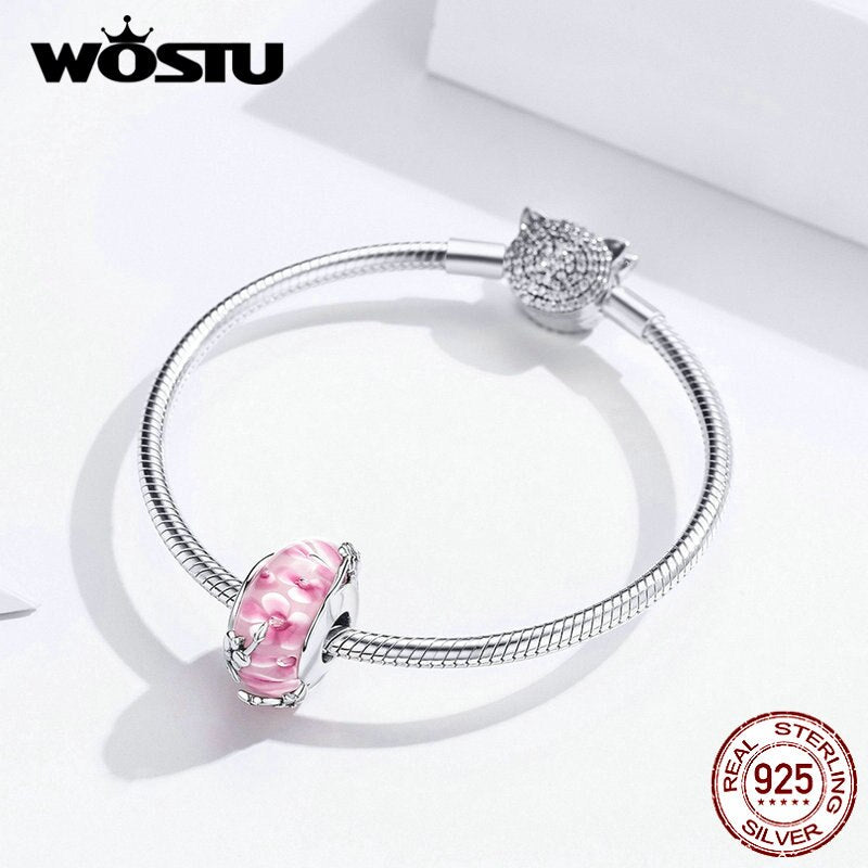 WOSTU Real 925 Sterling Silver Murano Glass Pink Beads Crystal Round Charms Fit Original Bracelet Pendant Luxury Jewelry Making - Charlie Dolly