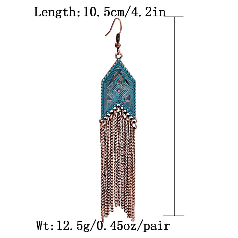 أقراط متدلية مصنوعة من سبائك البرونز العتيق للنساء أقراط Jhumka الهندية ذات سلسلة طويلة بوهو تريبل