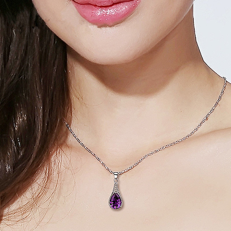 Buyee Amethyst Stone Pendant Chain 925 Sterling Silver Luxury Necklace for Woman Girl Wedding Jewelry Chain 45cm