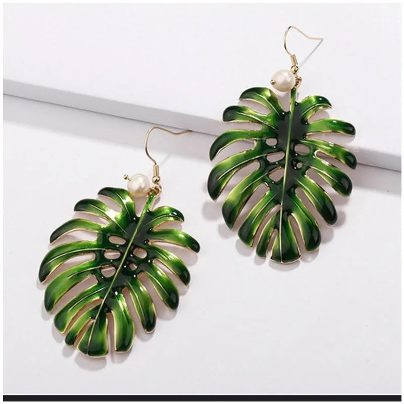 Green Enamel Coconut Leaf Pearl Drop Earrings Jewelry