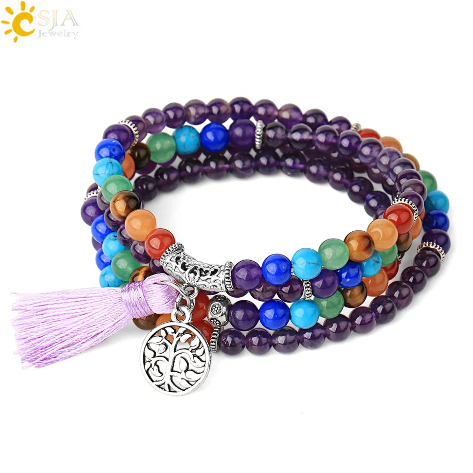 7 Chakra Natural Gem Stone Mala Tassel Long Boho Necklace