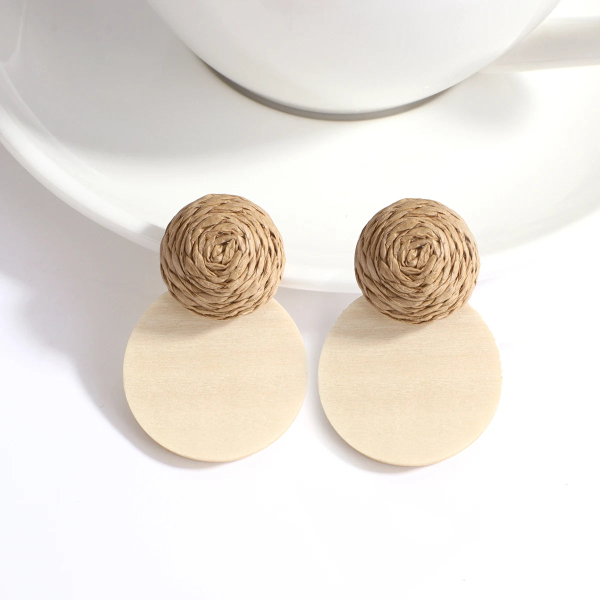 Wooden Rattan Braid Geometric Drop Earrings Jewelry