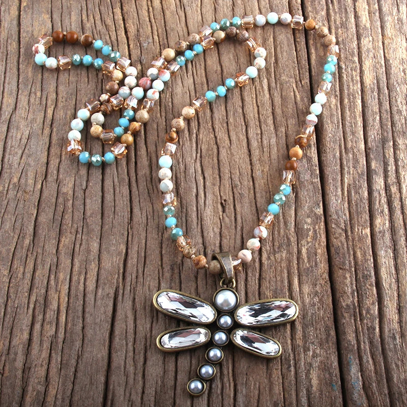 Dragonfly Long Knotted Stone Necklace Jewelry