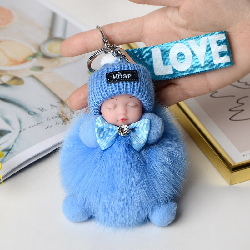 Pompom Sleeping Baby Keychain Cute Fluffy Plush Doll Keychains Women Girl Bags Keyrings Cars Key Ring Gift Charming Decoration