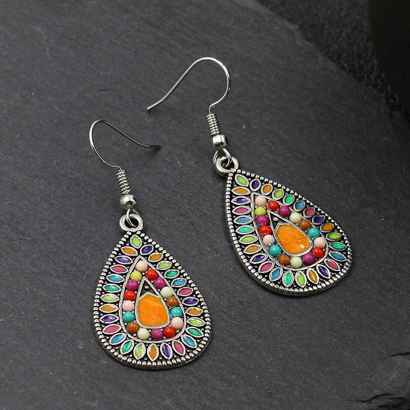 Exknl Fashion Vintage Drop Earrings For Women Alloy Crystal Ethnic Beads Boho Flower Earrings Colorful Dangle Earrings Jewelry