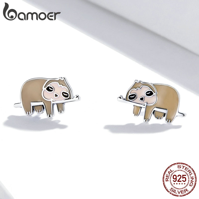 bamoer Enamel Cartoon Earrings 925 Sterling Silver Cute Little Sloth Stud Earrings for Women Girls Fine Jewelry Animal Gift