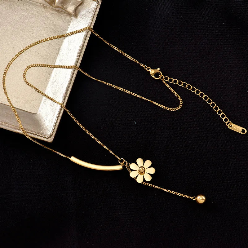 Stainless Steel Long Flower Pendant Necklace, Vintage Blooming Clavicle Chain