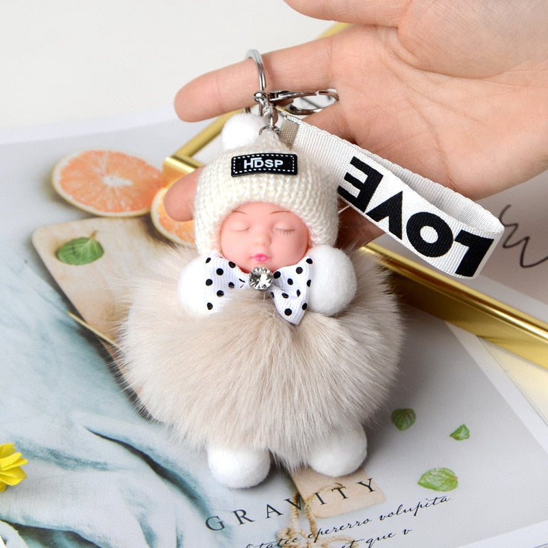 Pompom Sleeping Baby Keychain Cute Fluffy Plush Doll Keychains Women Girl Bags Keyrings Cars Key Ring Gift Charming Decoration