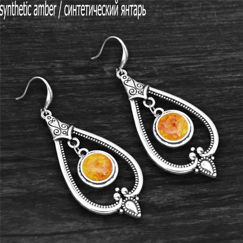 Round Amethysts Drop Earrings For Women Tibetan Silver Natural Stone Rose Quartz Lapis Lazuli Tiger Eye Fashion Dangle Earring - Charlie Dolly