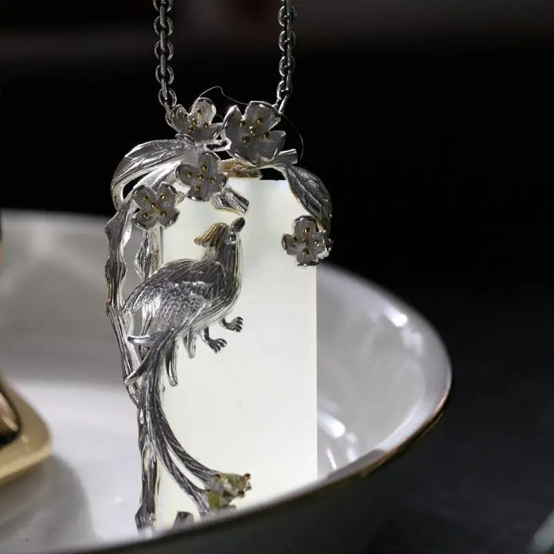 Silver-Inlaid Natural Hetian Jade Phoenix Clavicle Necklace, Ethnic Wedding Talisman