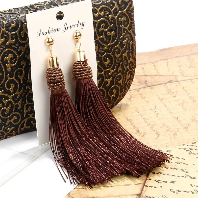 Hand Woven Silk Tassel Long Earrings Jewelry