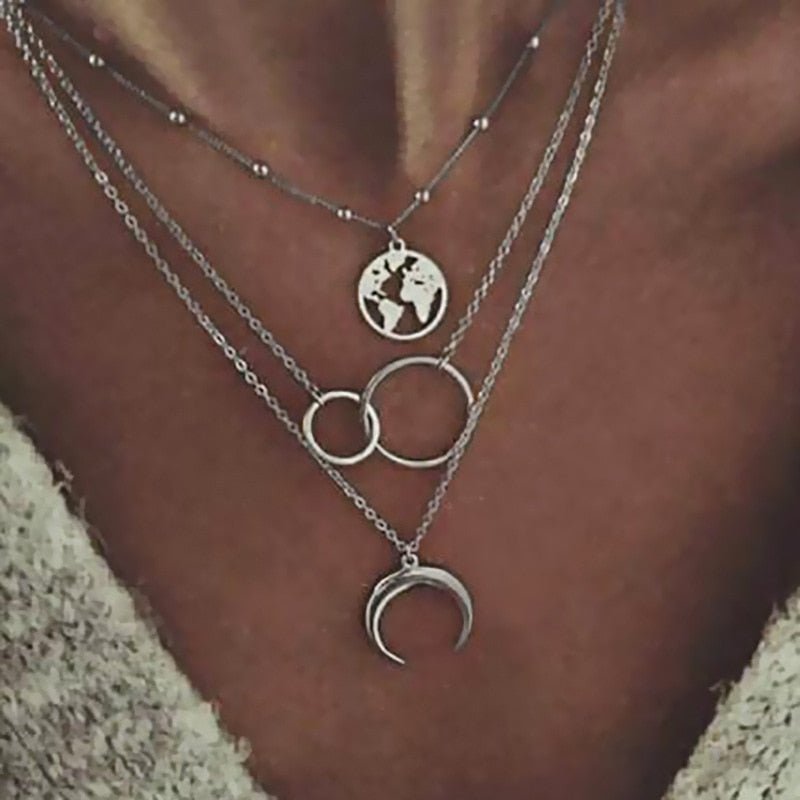 2023 Boho Necklaces & Pendants Vintage Multilayer Choker Necklace Women Fashion Collar Collier Femme Moon Jewelry Accessories