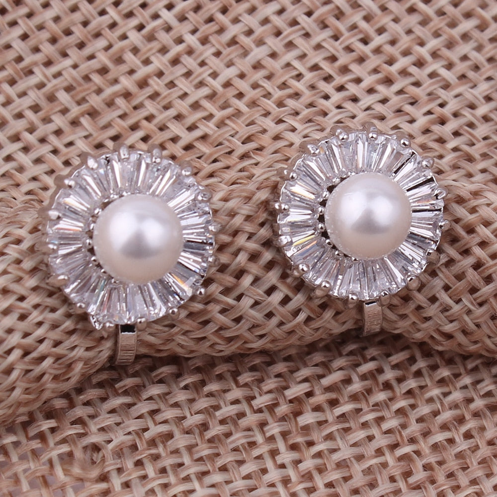 WENHQ New Cubic Zircon Pearl Clip on Earrings No Pierced for Women Girl Fashion Gold Color Flower Shape Ear Clip Fake Earrings