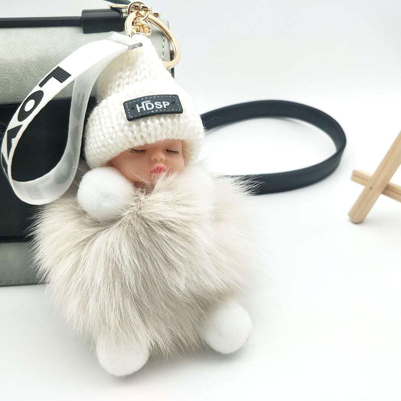 Pompom Sleeping Baby Keychain Cute Fluffy Plush Doll Keychains Women Girl Bags Keyrings Cars Key Ring Gift Charming Decoration