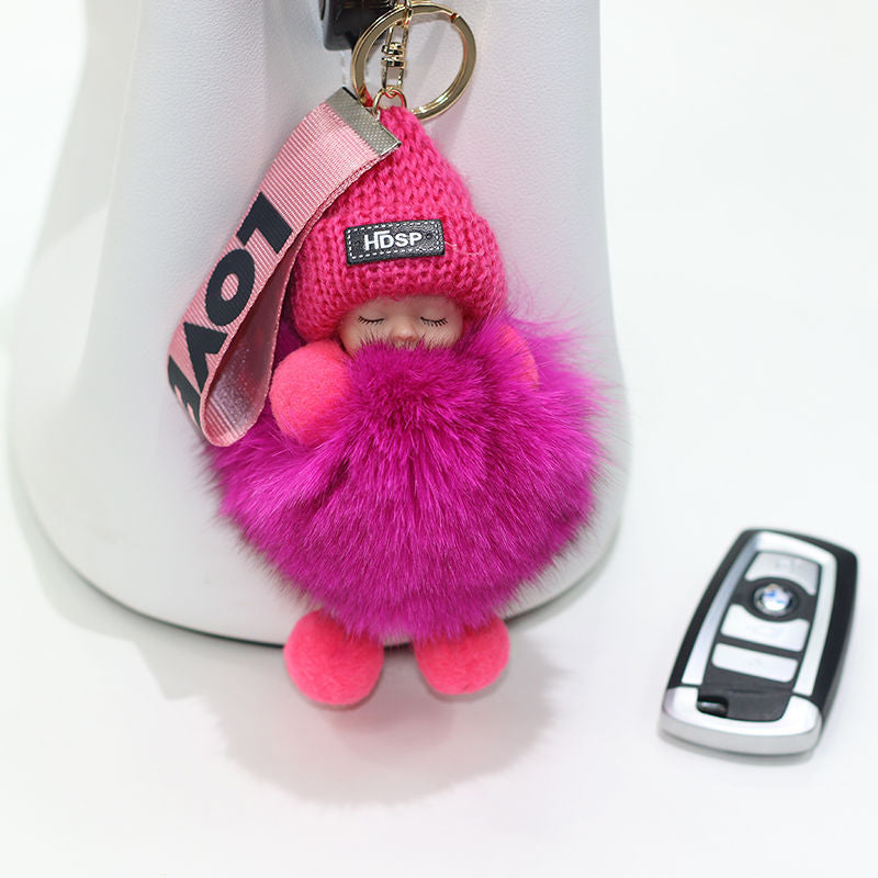 Pompom Sleeping Baby Keychain Cute Fluffy Plush Doll Keychains Women Girl Bags Keyrings Cars Key Ring Gift Charming Decoration