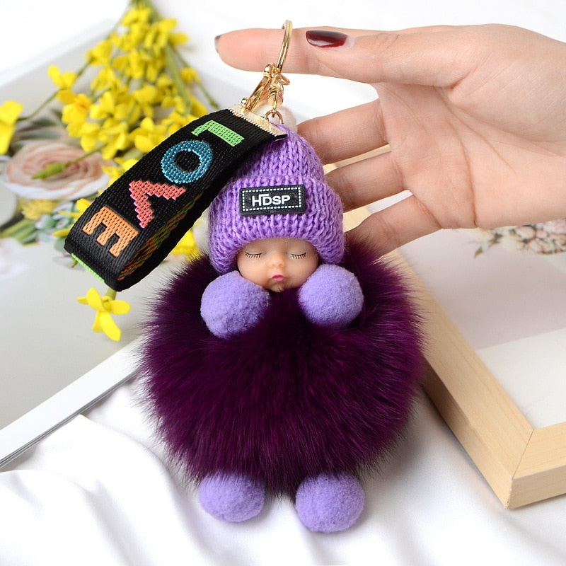 Pompom Sleeping Baby Keychain Cute Fluffy Plush Doll Keychains Women Girl Bags Keyrings Cars Key Ring Gift Charming Decoration