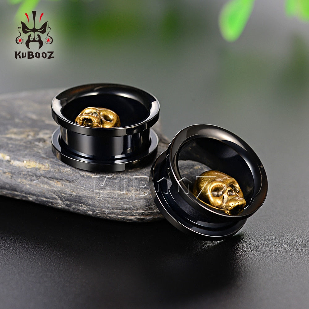KUBOOZ Newest Popular Fashion Stainless Steel Skull Ear Piercing Tunnels Gauges Body Jewelry Ear Screw Gauges Stretchers 8-25mm