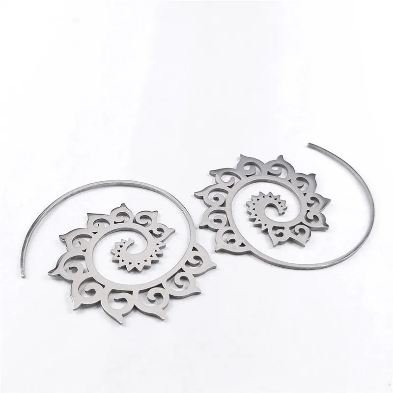 Mandala Spiral Steel Hoop Earrings Jewelry