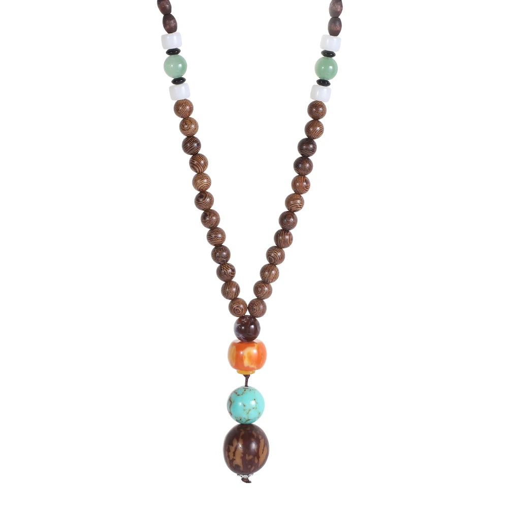 Nepal Wood Bead Pendant Long Necklace Jewelry
