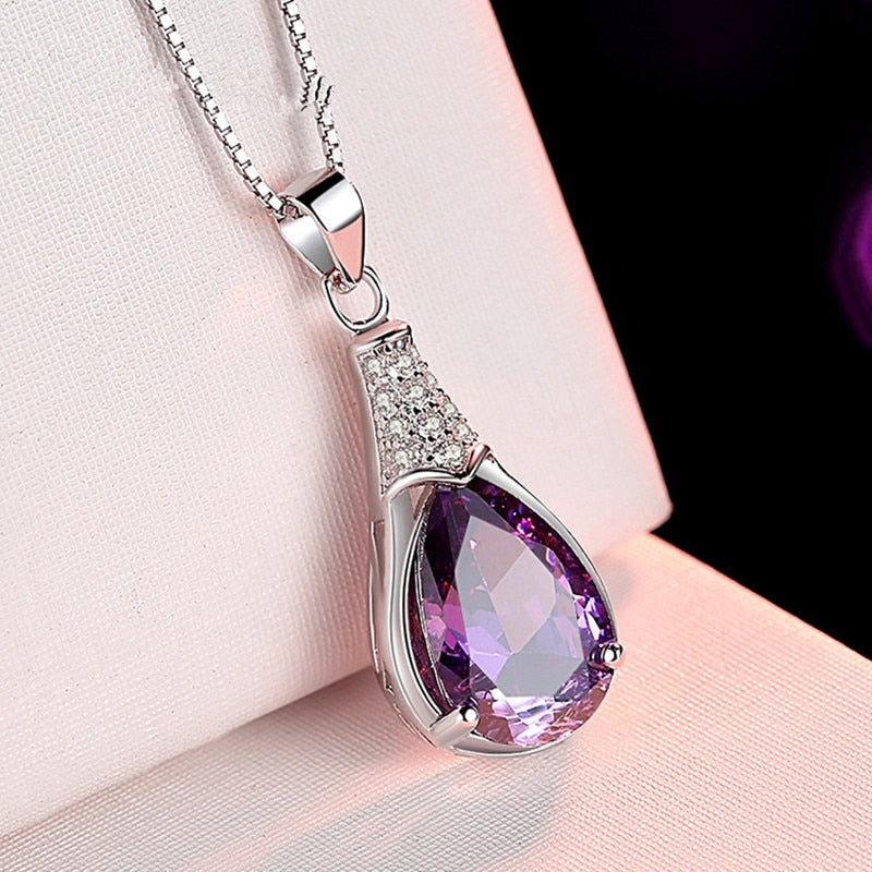 Buyee Amethyst Stone Pendant Chain 925 Sterling Silver Luxury Necklace for Woman Girl Wedding Jewelry Chain 45cm
