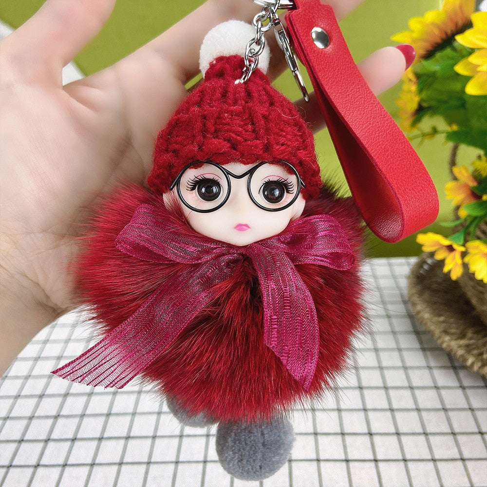 Pompom Sleeping Baby Keychain Cute Fluffy Plush Doll Keychains Women Girl Bags Keyrings Cars Key Ring Gift Charming Decoration