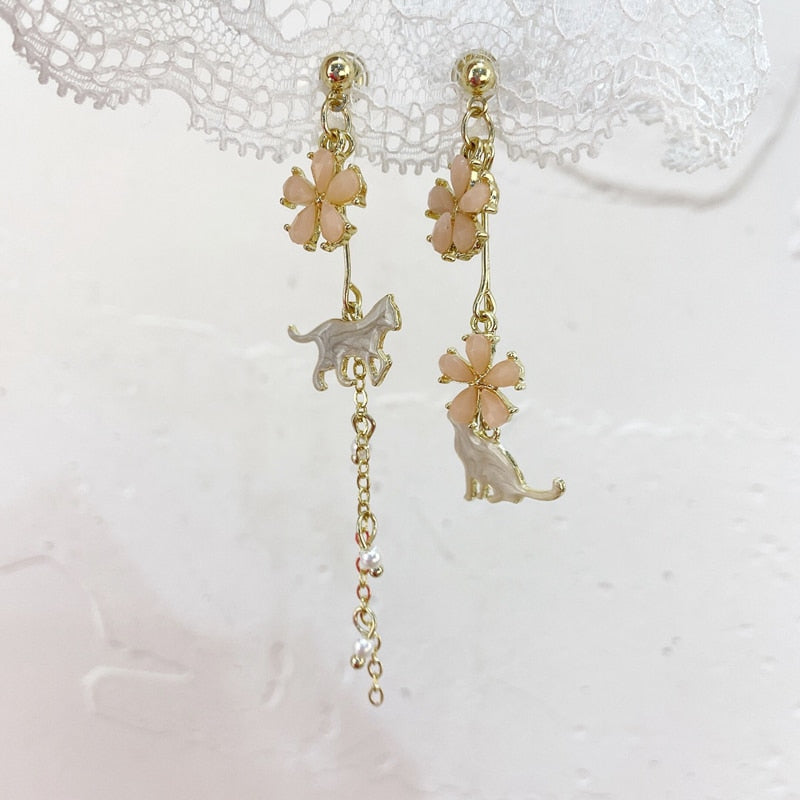 MENGJIQIAO New Elegant Metal Flower Cute Cat Dangle Earrings For Women Brincos Temperament pendientes mujer Holiday Jewelry