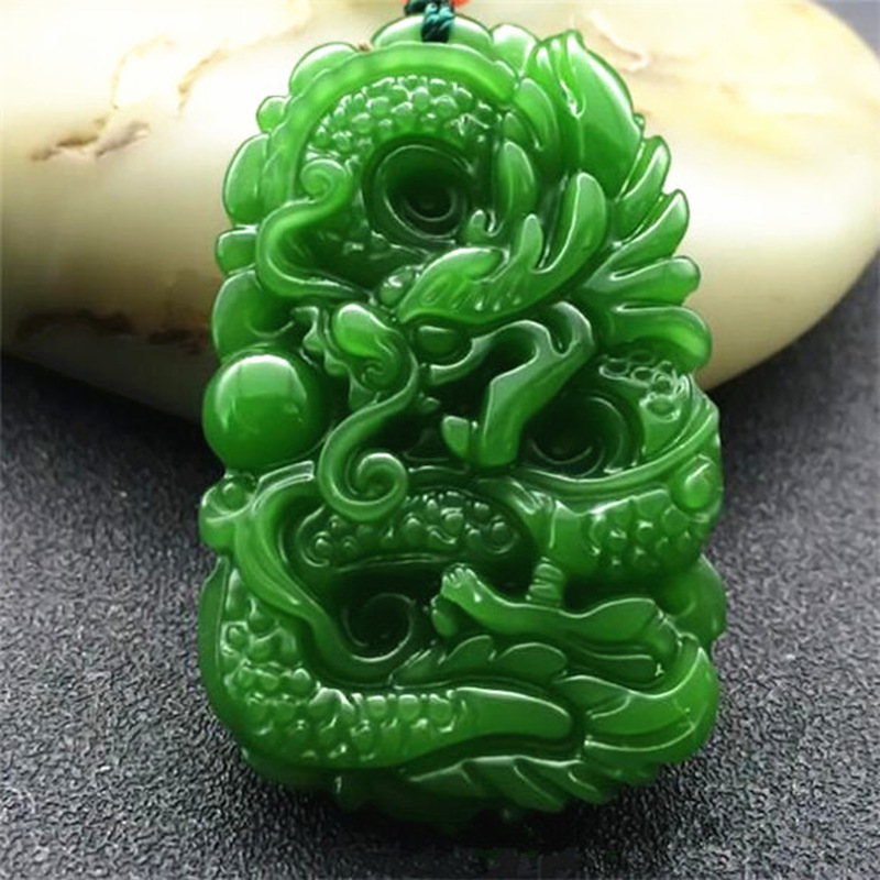 Natural Green Jade Dragon Carved Amulet Necklace