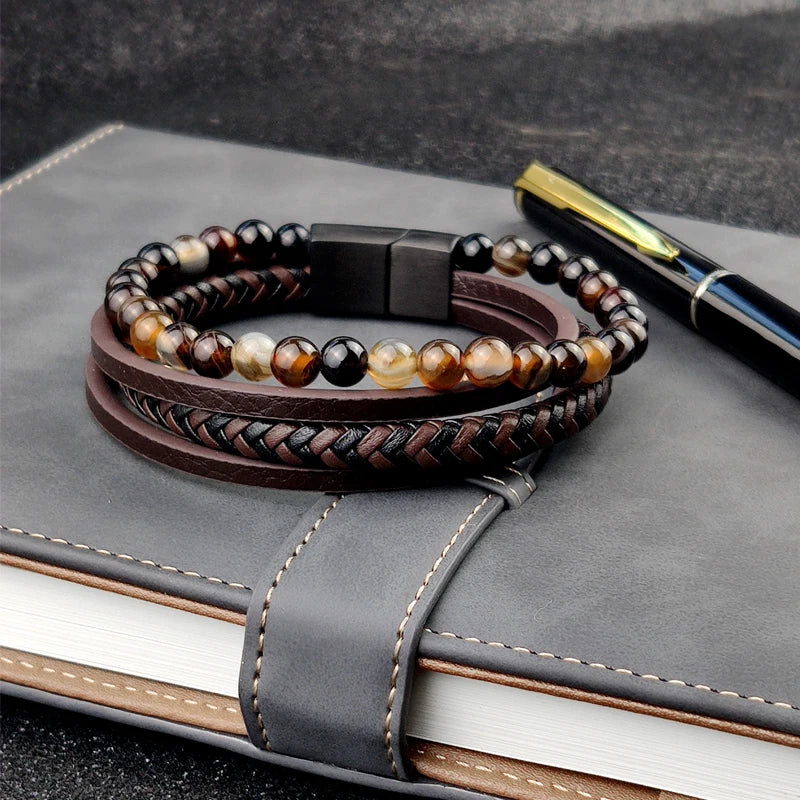 Boho Jewelry Beads Leather Charm Bracelet for Men Women Stainless Steel Natural Stone Rosary love Bracelet Bangle Gift Wholesal - Charlie Dolly