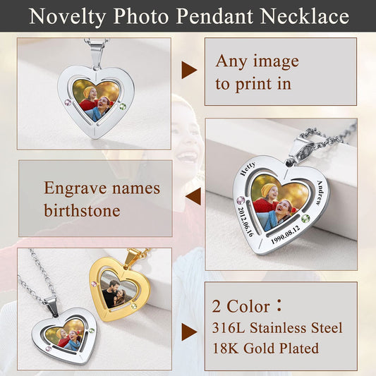 U7 Heart Necklace with 2-3 Birthstone Name Engraved Stainless Steel Custom Picture Pendant Necklaces for Women Girl - Charlie Dolly