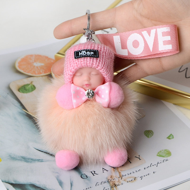 Pompom Sleeping Baby Keychain Cute Fluffy Plush Doll Keychains Women Girl Bags Keyrings Cars Key Ring Gift Charming Decoration