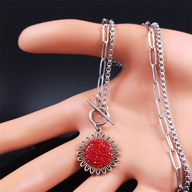 Fashion Sunflower Red Crystal Stainless Steel Chain Necklace Women/Men Bohemian Small Daisy Pearl Chain Collar Jewelry N4905S06