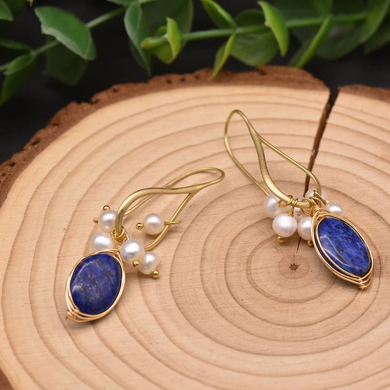 GLSEEVO Natural lapis lazuli Pearl Temperament Drop Earrings Women Girls Party Gift Original Design Luxury Jewellery Gift GE0988 - Charlie Dolly