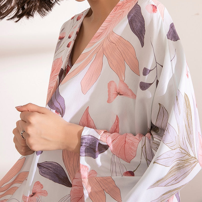 HOT SELLING 3Pcs Soft Pajama Set For SPRING & FALL Ladies Sleepwear Floral Printed Pink Leaves Cardigan+Camisole+Pants Homewear