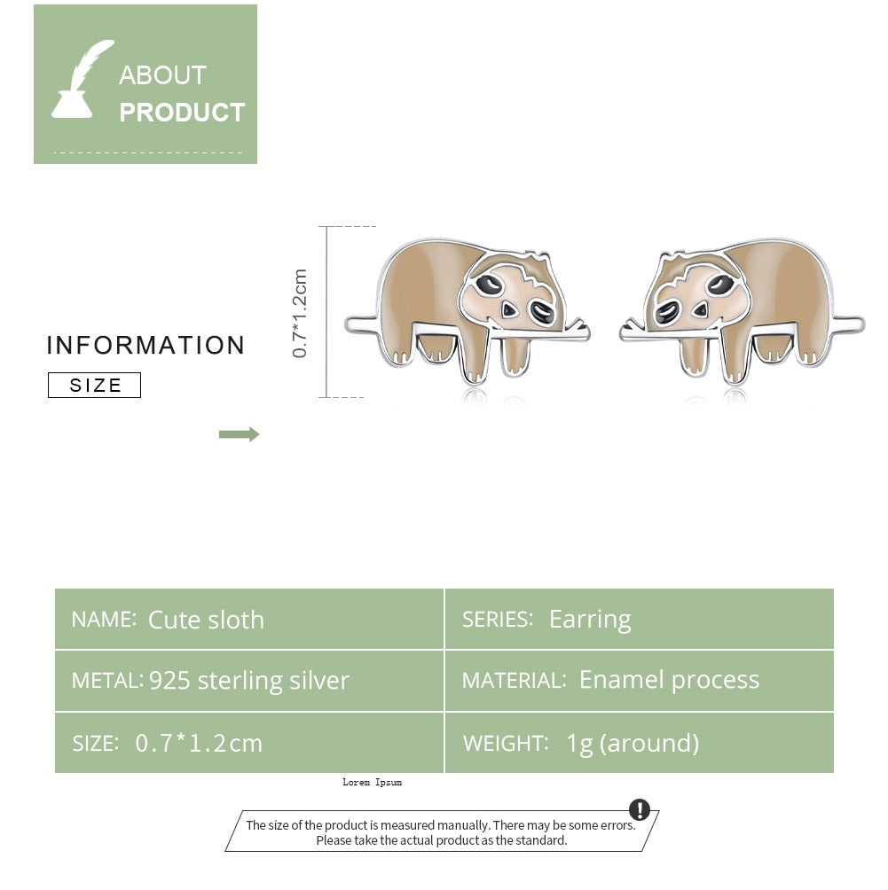 bamoer Enamel Cartoon Earrings 925 Sterling Silver Cute Little Sloth Stud Earrings for Women Girls Fine Jewelry Animal Gift