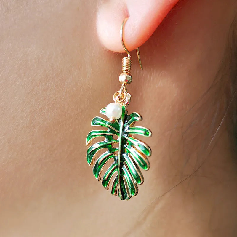 Green Enamel Coconut Leaf Pearl Drop Earrings Jewelry