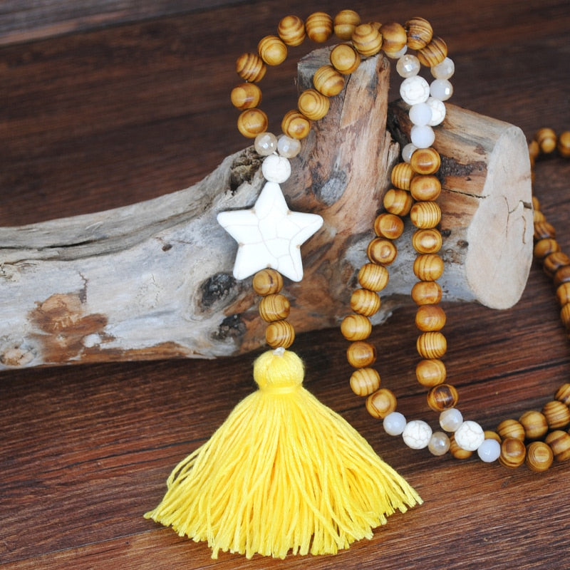 Yumfeel New Bohemian Necklace Handmade Stones Tassels Wood Beads Necklace Long Women Jewelry Gifts