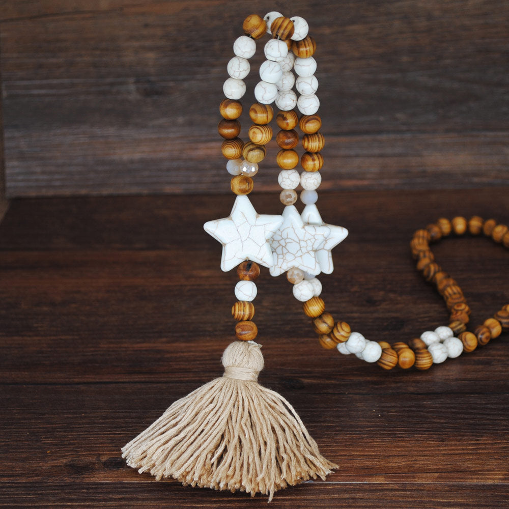 Yumfeel New Bohemian Necklace Handmade Stones Tassels Wood Beads Necklace Long Women Jewelry Gifts