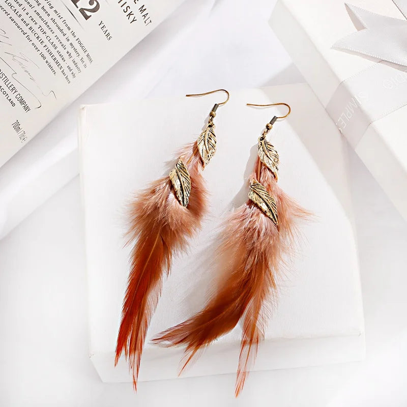 Gold Feather Leaf Long Boho Earrings Jewelry